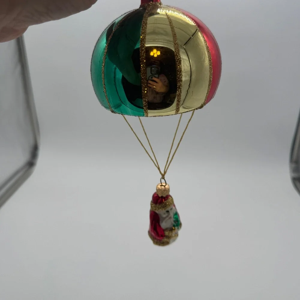Vintage Poland Glass Santa Hot Air Balloon Christmas Ornament Red Green Gold